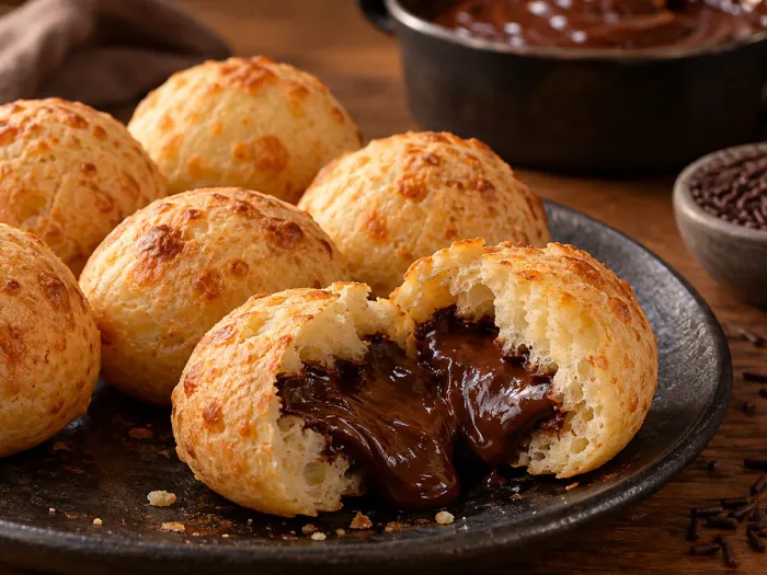 Pão de queijo aberto, recheio de Brigadeiro de Panela.
